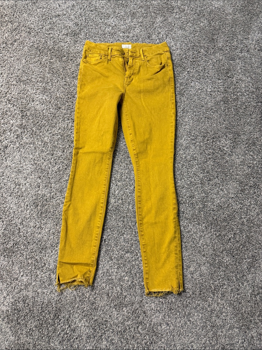 MOTHER Mustard Skinny Jeans with Distressed Hem